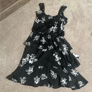 White House Black Market Women’s Black Tiered Ruffle Flower Floral Dress, 0